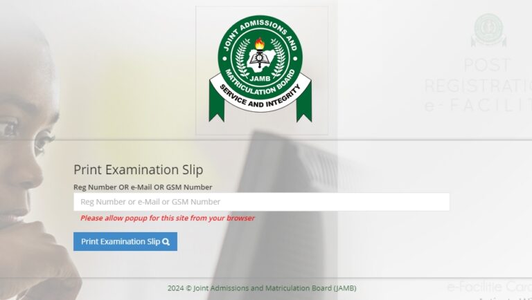 JAMB UTME exam slip printing portal