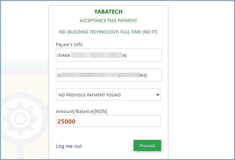 YABATECH acceptance fee payment 2