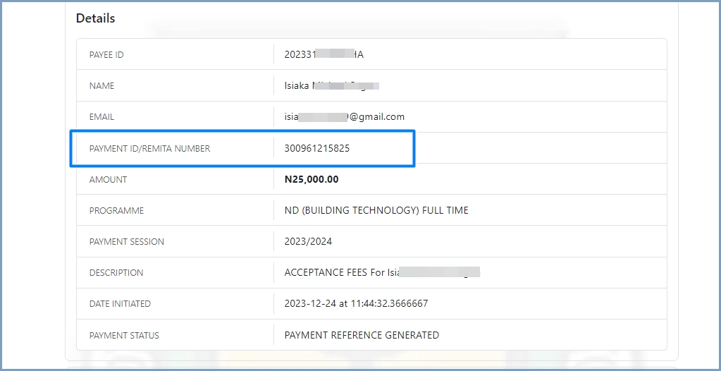 YABATECH acceptance fee payment invoice