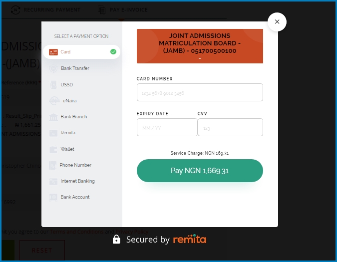 Remita card payment for JAMB result printing