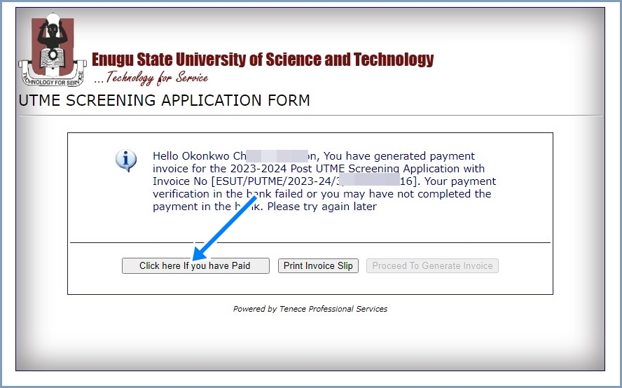 ESUT Paid for Post UTME Form 2