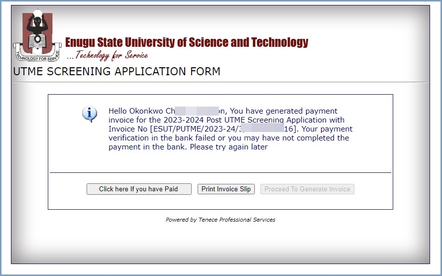 ESUT Post UTME Form Invoice Slip