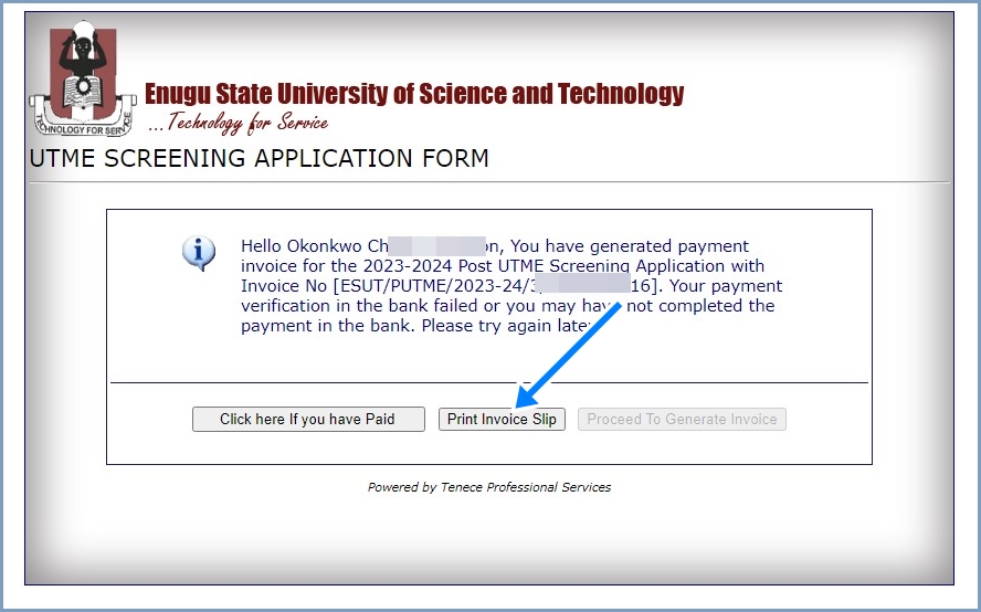 ESUT Post-UTME Print Invoice Slip