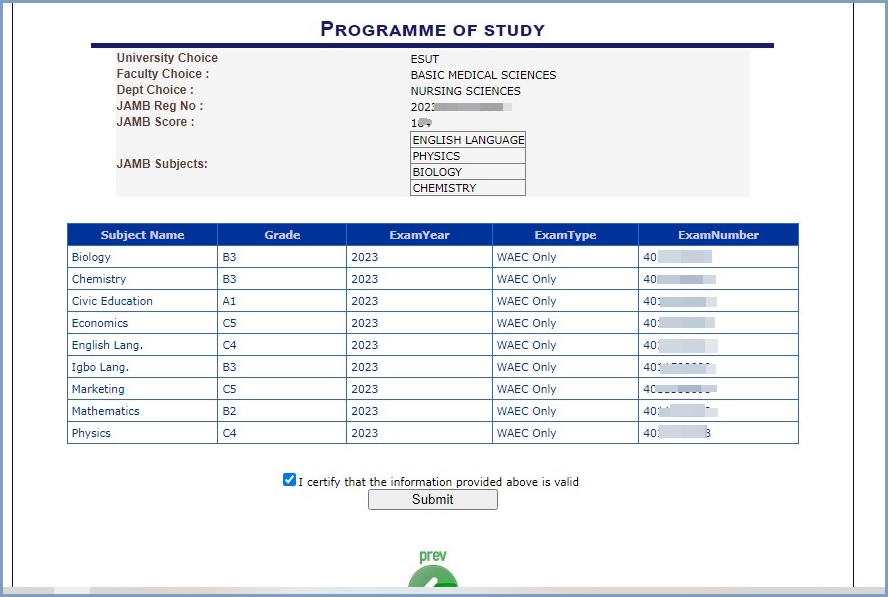 ESUT Post UTME application preview