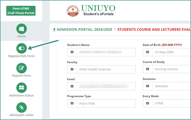 Edit UNIUYO Post-UTME form